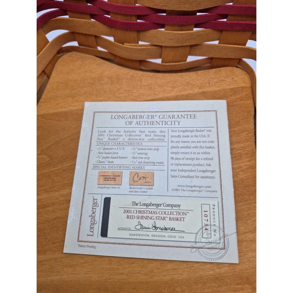 2001 Longaberger Christmas Collection Shining Star Basket With Papers 2 Inserts